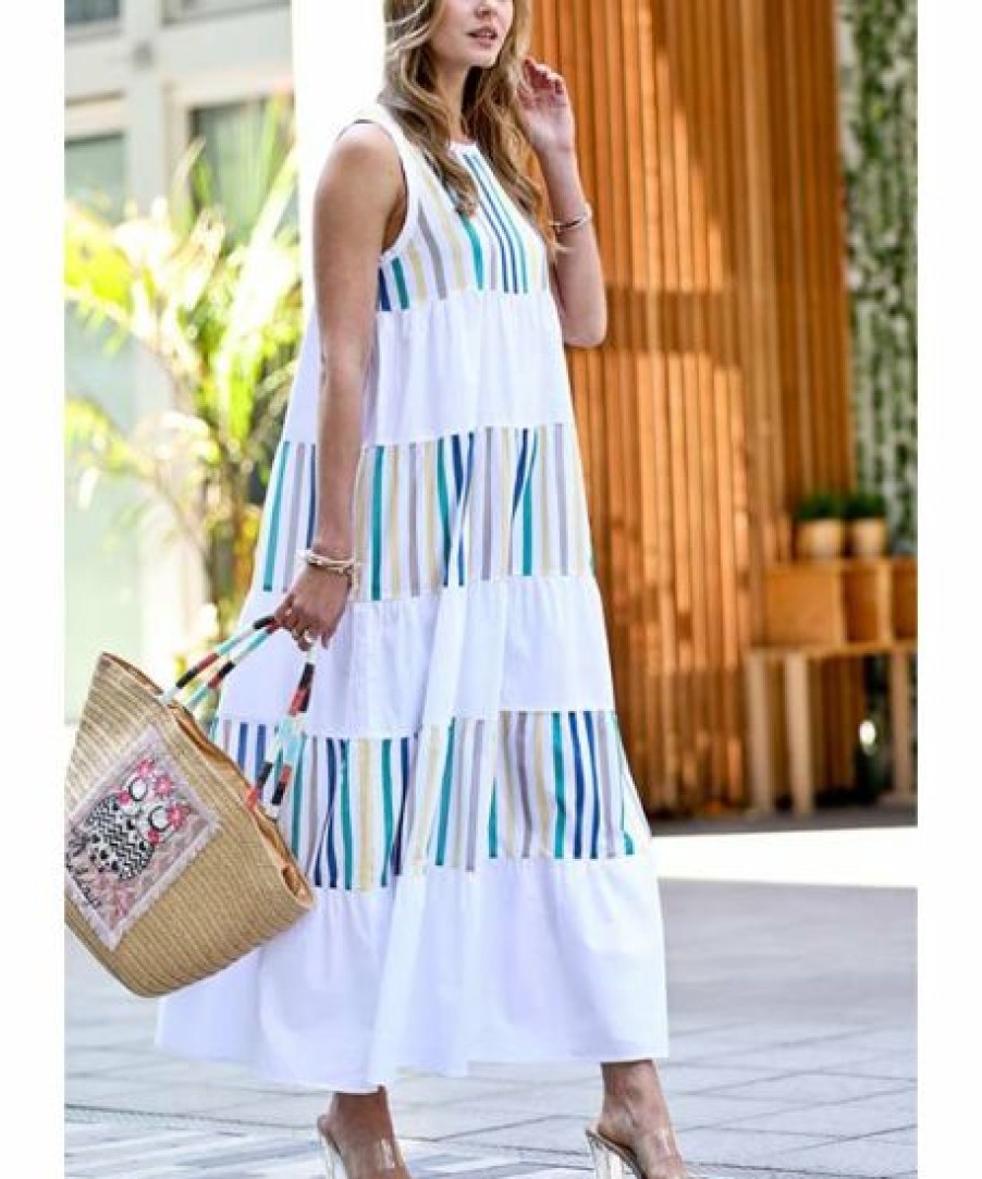 Women * | Brand New 42Pops Blue Multicolor Stripe Sleeveless Maxi Dress Women