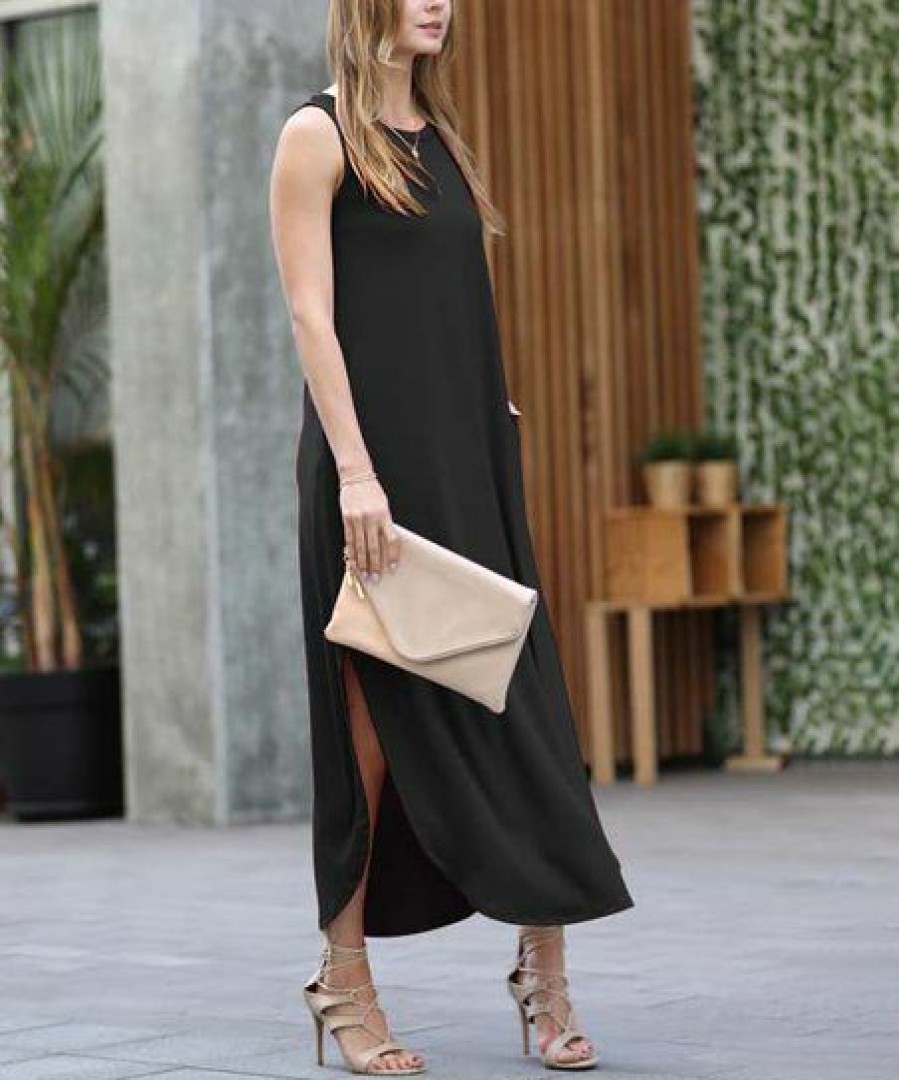 Women * | Coupon 42Pops Black Crewneck Sleeveless Slit Curved-Hem Pocket Maxi Dress Women