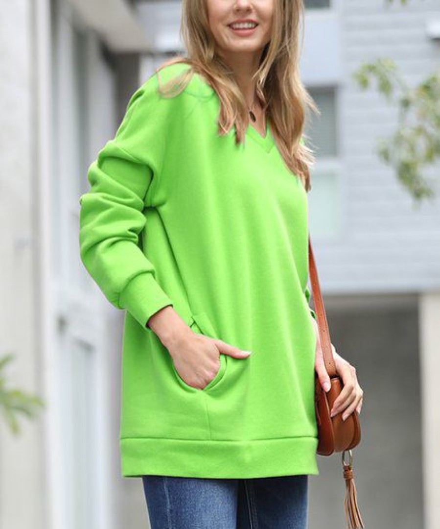 Other * | Flash Sale 42Pops Green V-Neck Long-Sleeve Pocket Sweatshirt Women