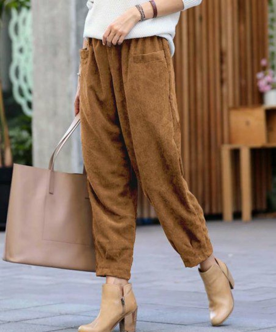 Women * | Best Reviews Of 42Pops Deep Camel Corduroy Pocket Straight-Leg Pants Women