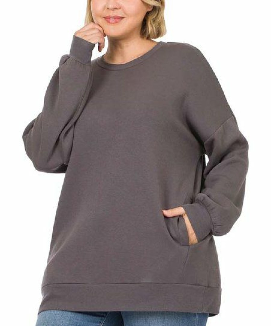 Women * | Coupon 42Pops Ash Gray Crewneck Long-Sleeve Pocket Sweatshirt Plus