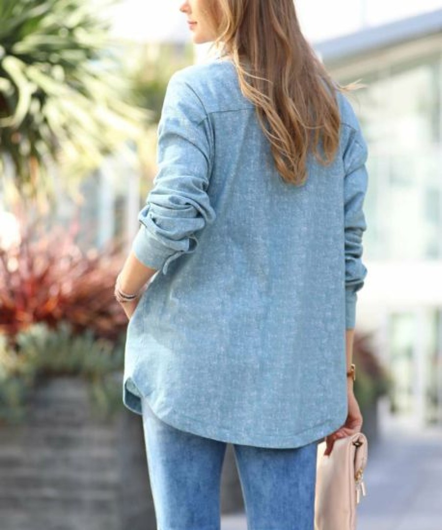 Women * | Discount 42Pops Blue Gray Melange Pocket Button-Up Shacket Women