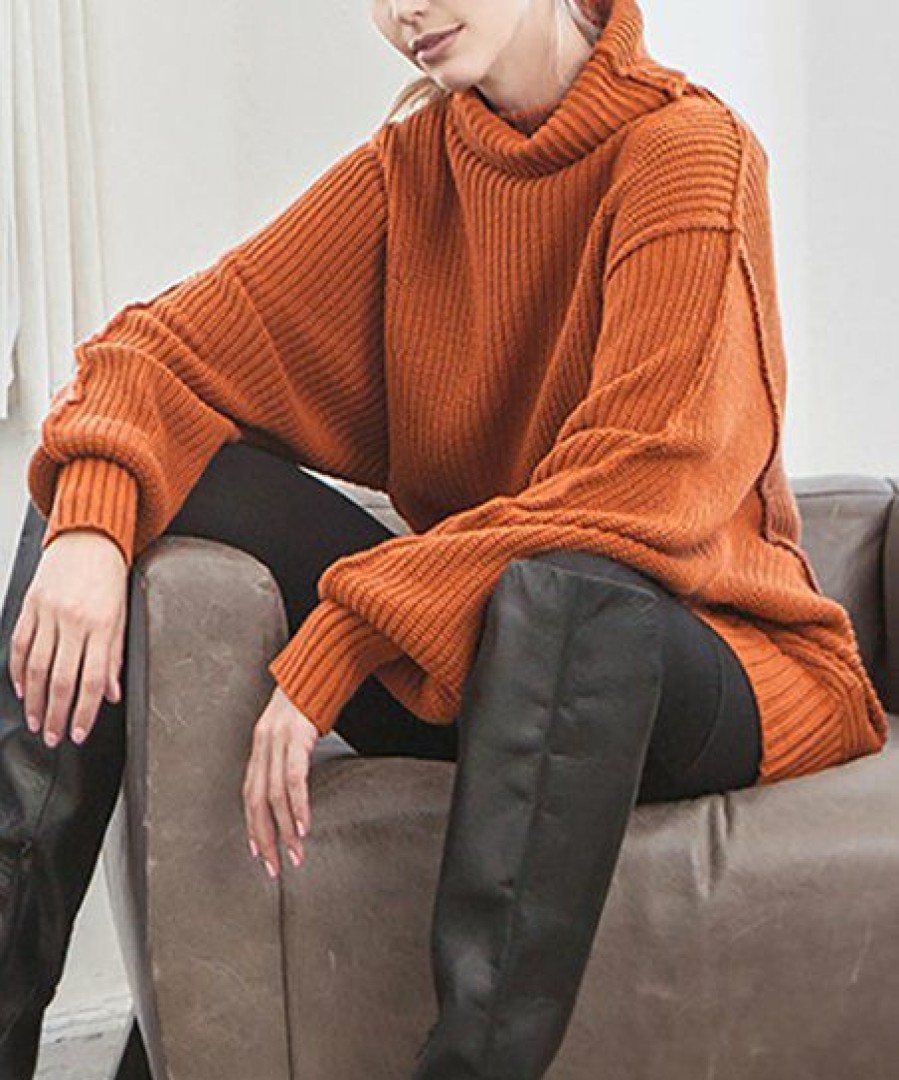 Women * | New 42Pops Almond Oversize Drop-Shoulder Turtleneck Bishop-Sleeve Sweater Women