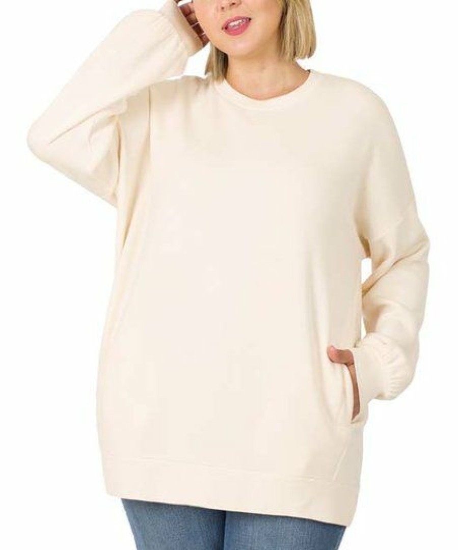 Women * | Best Reviews Of 42Pops Cream Crewneck Long-Sleeve Pocket Sweatshirt Plus