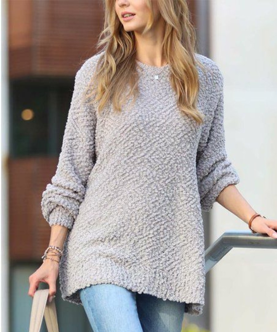 Women * | Discount 42Pops Light Gray Popcorn-Texture Crewneck Bishop-Sleeve Sweater Women