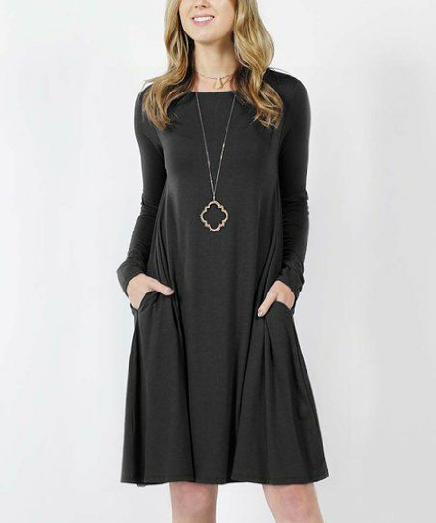 Women * | Top 10 42Pops Black Boatneck Long-Sleeve Pocket Shift Dress Women