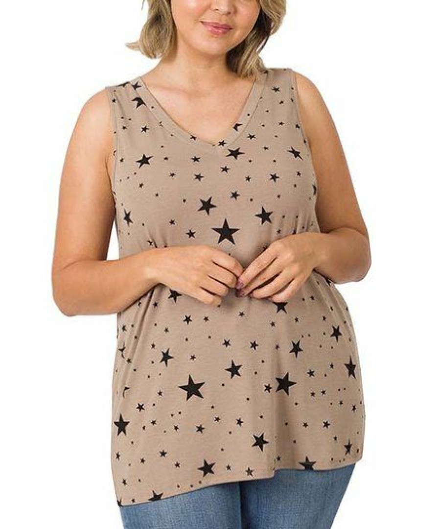 Women * | Best Deal 42Pops Ash Mocha & Black Star V-Neck Tank Plus