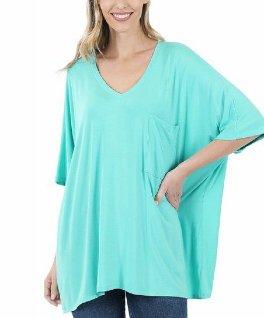 Women * | Best Deal 42Pops Mint V-Neck Luxe Oversize Pocket Top Women