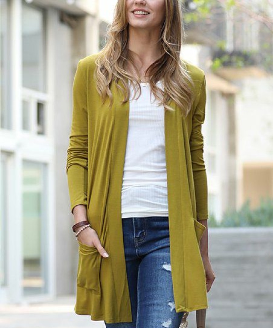 Women * | Promo 42Pops Olive Mustard Slouchy Longline Open Pocket Cardigan Women