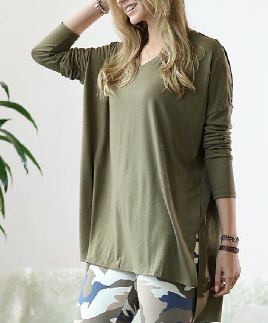 Women * | Flash Sale 42Pops Dusty Olive V-Neck Long-Sleeve Side-Slit Hi-Low Dolman Top Women