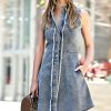 Women * | New 42Pops Black Denim Distressed Fringe Sleeveless Button-Up A-Line Dress Women