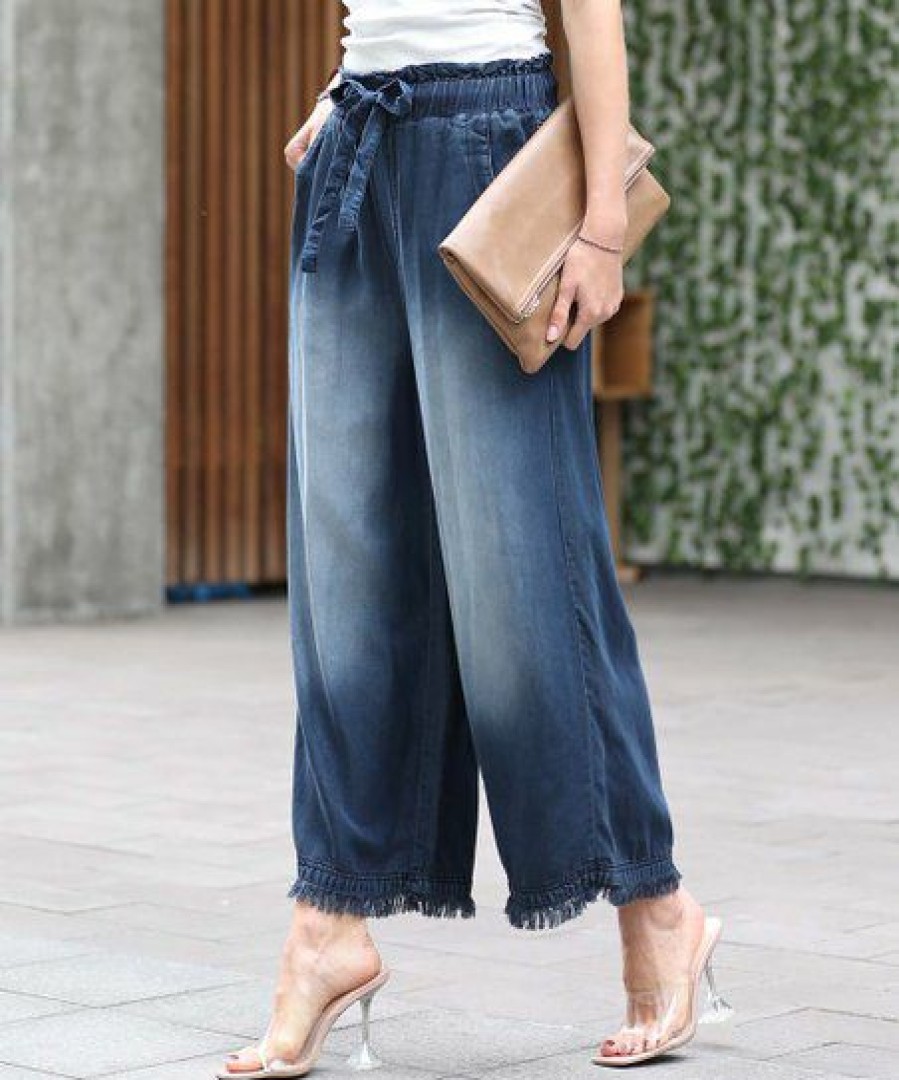 Women * | Discount 42Pops Midnight Chambray Tie-Waist Pocket Wide-Leg Crop Pants Women