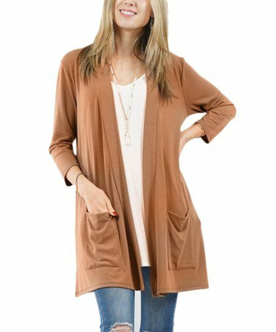 Women * | New 42Pops Cocoa Pocket Three-Quarter Sleeve Cardigan Women