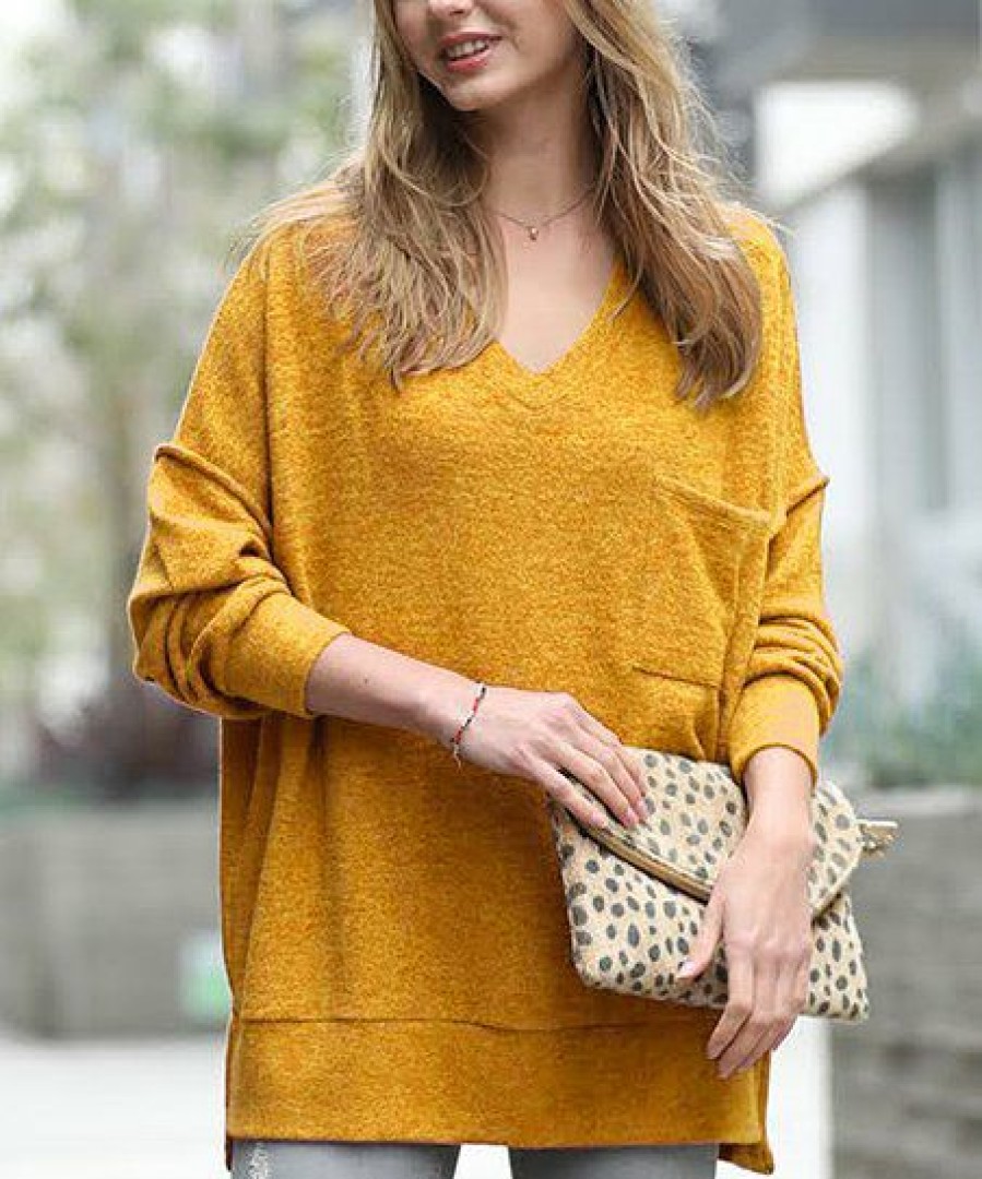 Women * | Outlet 42Pops Golden Mustard Melange Oversize Hi-Low Sweater Women