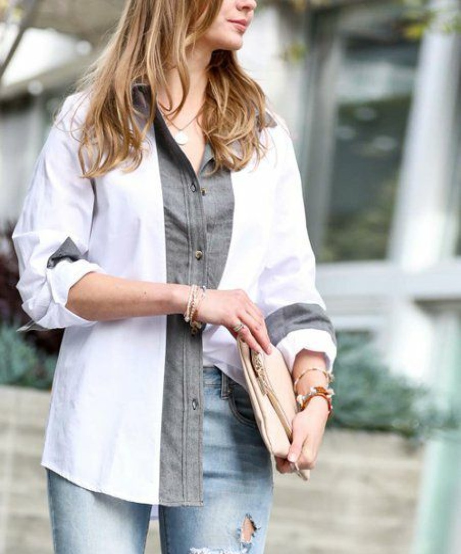 Women * | Top 10 42Pops White & Denim Gray Color Block Button-Up Women