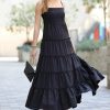 Women * | Wholesale 42Pops Black Tiered Smocked Camisole Maxi Dress Women