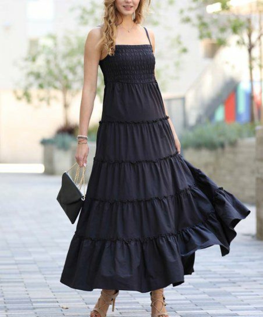 Women * | Wholesale 42Pops Black Tiered Smocked Camisole Maxi Dress Women