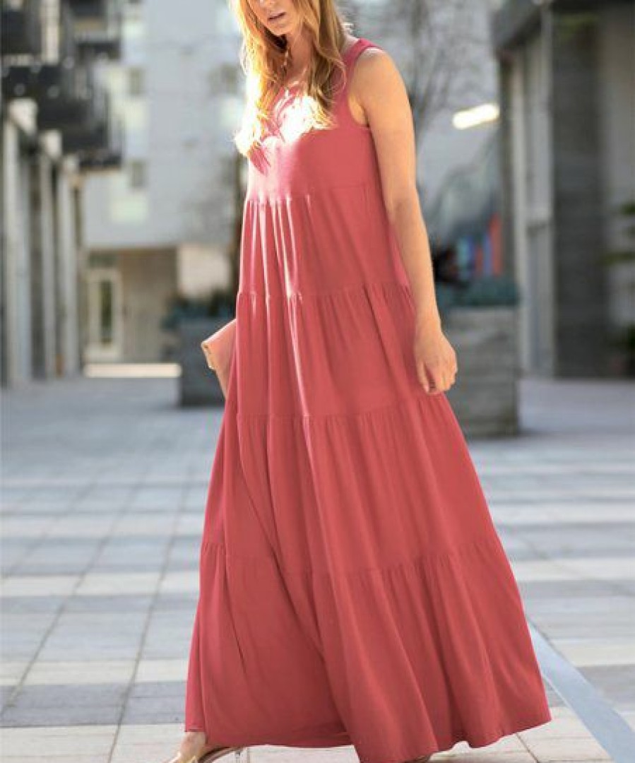 Women * | Budget 42Pops Ash Rose Scoop-Neck Sleeveless Tiered Maxi Dress Women