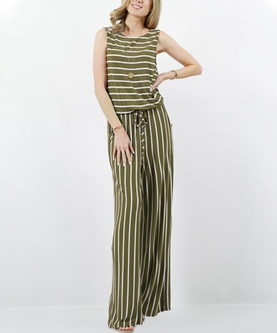 Women * | Cheapest 42Pops Dusty Olive & Ivory Stripe Sleeveless Pocket Wide-Leg Jumpsuit Women