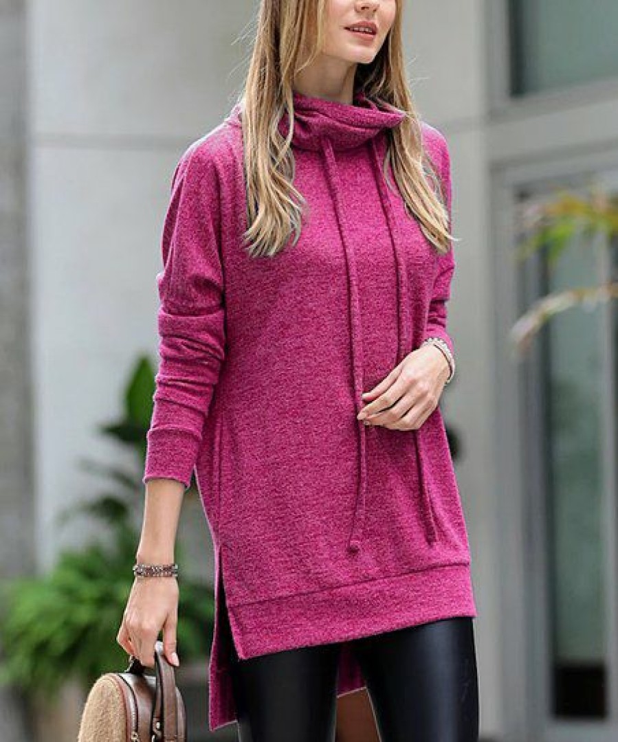 Women * | Cheapest 42Pops Magenta Brushed Melange Side-Slit Drawstring Funnel-Collar Hi-Low Tunic Women