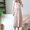 Women * | Best Sale 42Pops Dusty Blush Crewneck Short-Sleeve Tiered Midi Dress Women