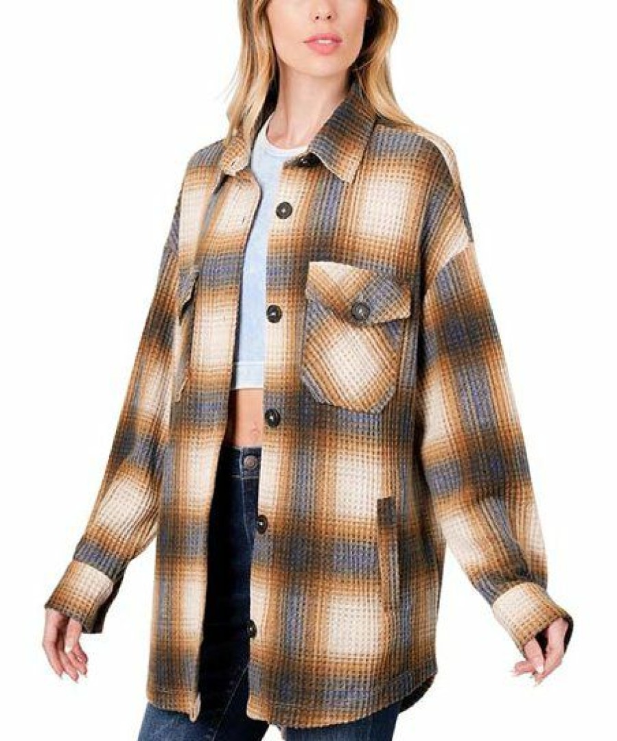 Women * | Buy 42Pops Camel Plaid Pocket Oversize Shacket Women