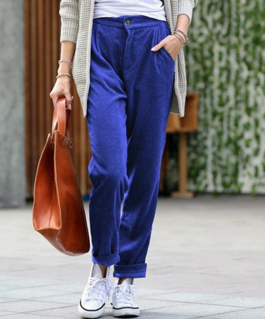 Women * | Best Sale 42Pops Bright Blue Corduroy Pocket High-Waist Pants Women