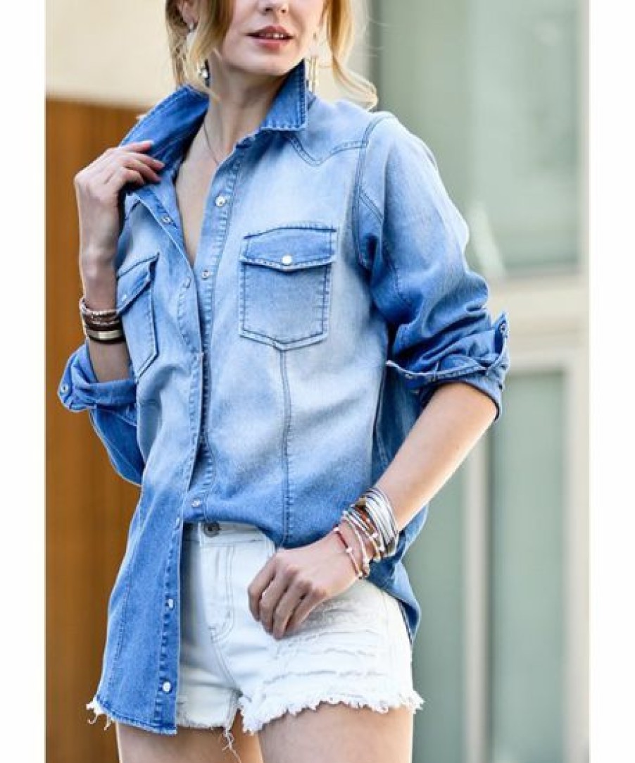 Women * | Hot Sale 42Pops Light Denim Blue Washed Pocket Button-Up Women