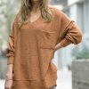 Women * | Wholesale 42Pops Dark Camel Melange Oversize V-Neck Hi-Low Pocket Sweater Women