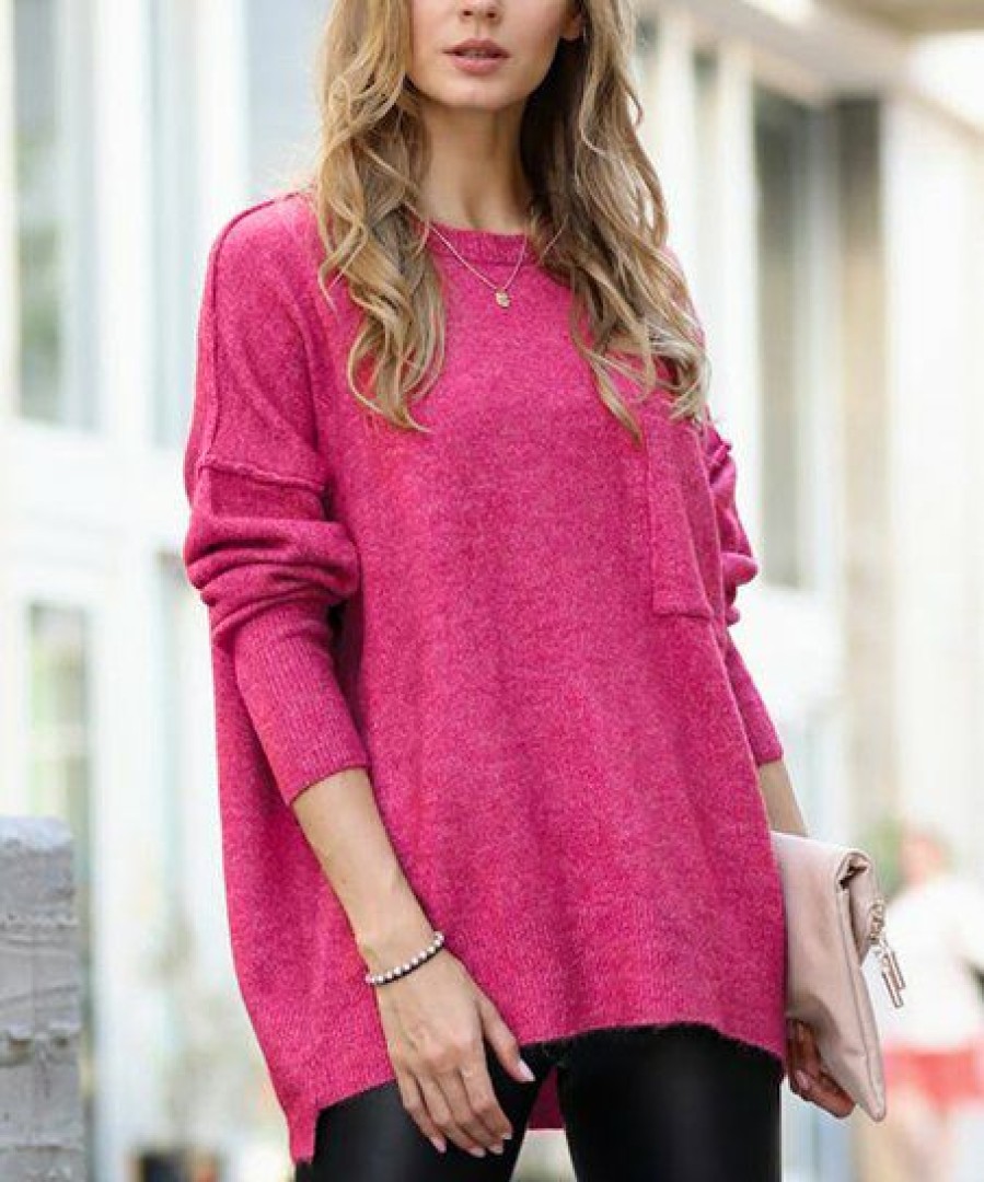 Women * | Discount 42Pops Heather Magenta Melange Hi-Low Pocket Sweater Women