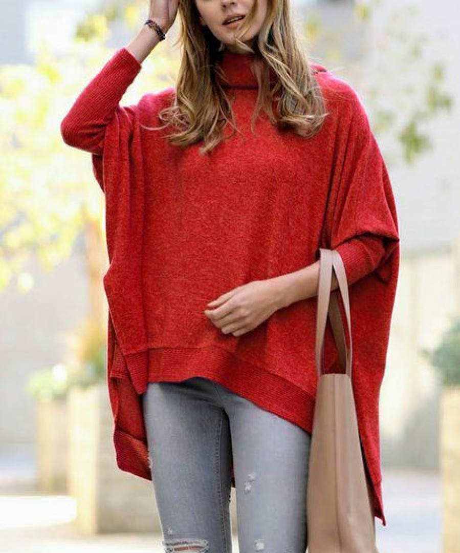 Women * | Buy 42Pops Dark Red Melange Cowl Neck Long-Sleeve Hi-Low Poncho Women