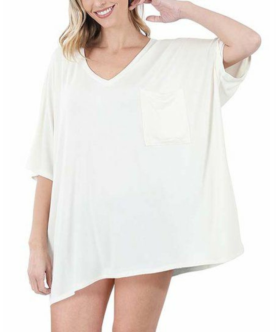 Women * | Coupon 42Pops Ivory Oversize V-Neck Short-Sleeve Pocket Tunic Women