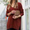 Women * | Flash Sale 42Pops Dark Rust Front-Seam Side-Slit V-Neck Hi-Low Sweater Women