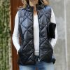 Women * | Hot Sale 42Pops Black Faux Leather Diamond-Quilted Pocket Puffer Vest Women