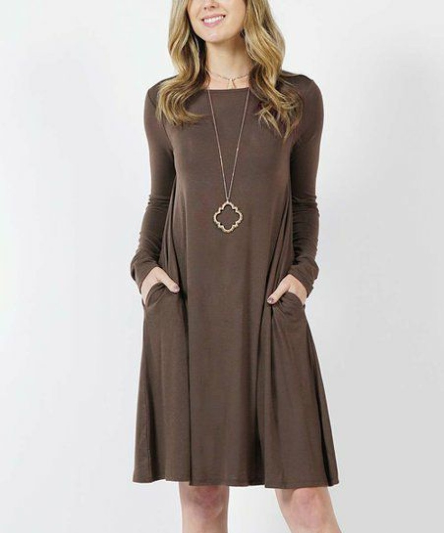 Women * | Promo 42Pops Brown Boatneck Long-Sleeve Pocket Shift Dress Women