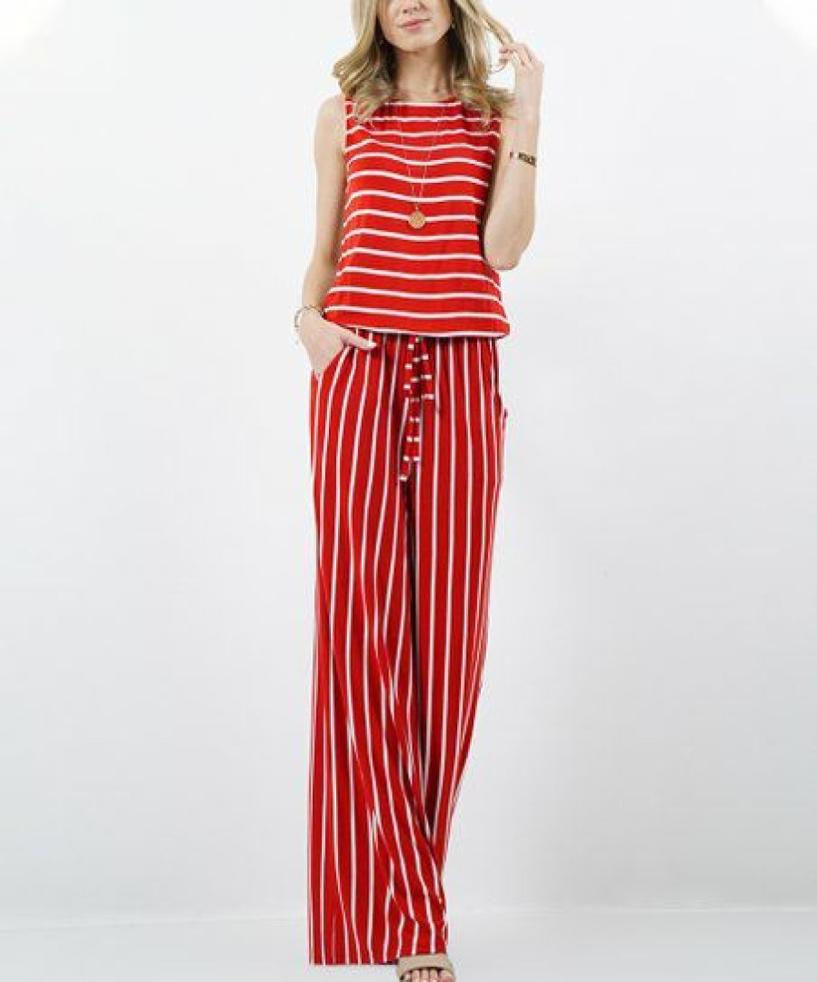 Women * | Best Reviews Of 42Pops Ruby & Ivory Stripe Sleeveless Pocket Wide-Leg Jumpsuit Women