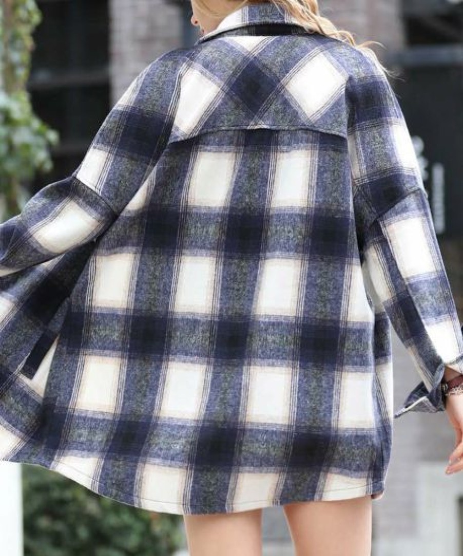 Women * | Outlet 42Pops Navy & White Plaid Pocket Longline Shacket Women