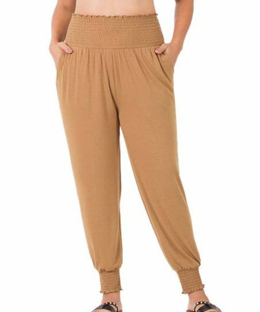 Women * | Cheap 42Pops Deep Camel Smocked High-Waist Pocket Joggers Plus