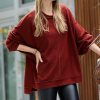 Women * | New 42Pops Dark Rust Waffle Crewneck Long-Sleeve Oversize Sweater Women