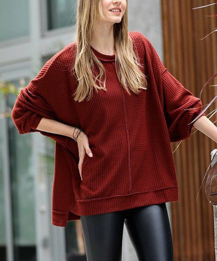 Women * | New 42Pops Dark Rust Waffle Crewneck Long-Sleeve Oversize Sweater Women