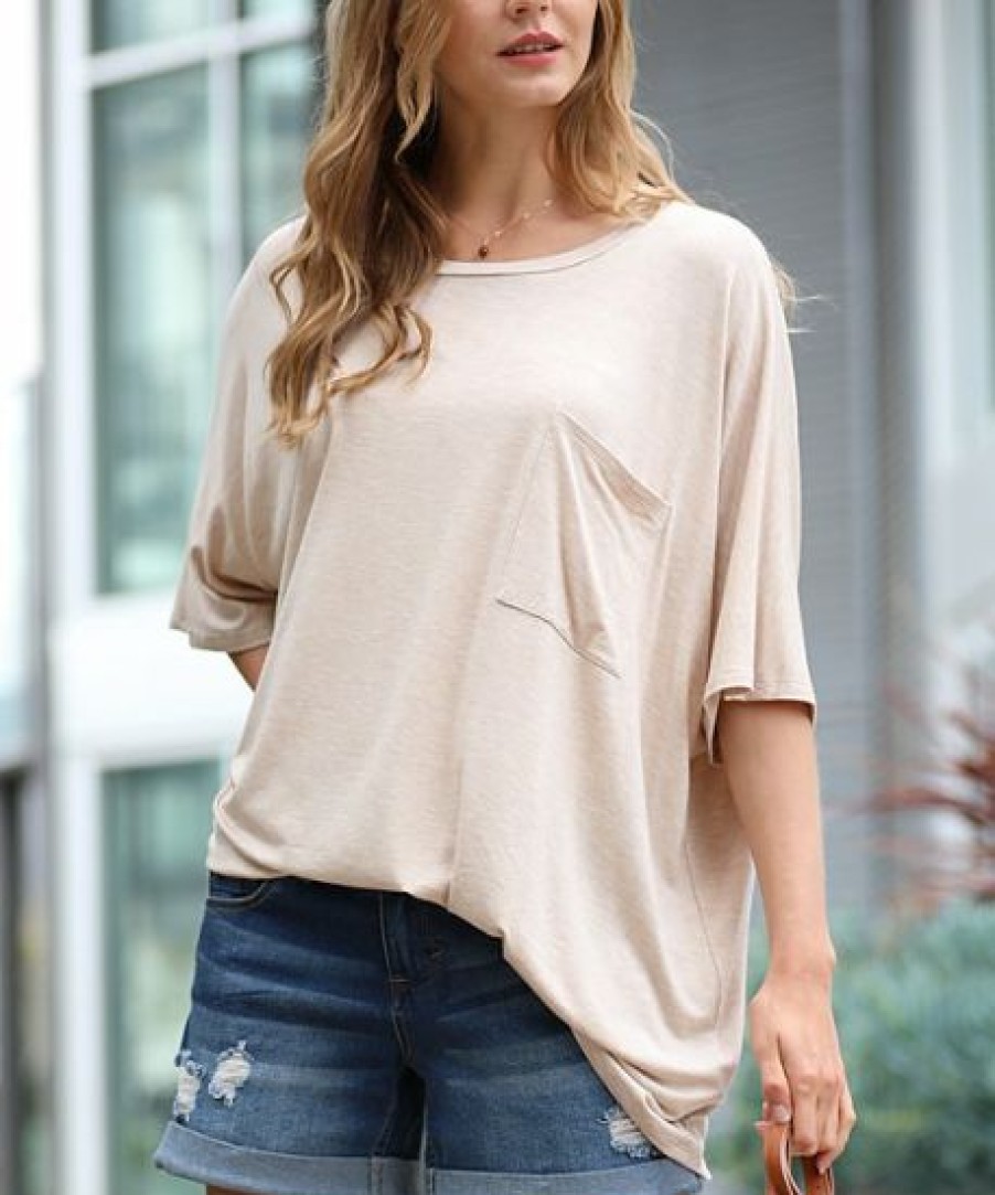 Women * | Cheap 42Pops Heather Beige Scoop Neck Pocket Oversize Boyfriend Tee Women