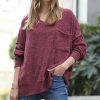 Women * | Flash Sale 42Pops Dark Burgundy Melange V-Neck Hi-Low Pocket Sweater Women