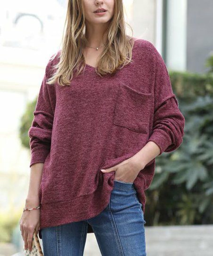 Women * | Flash Sale 42Pops Dark Burgundy Melange V-Neck Hi-Low Pocket Sweater Women