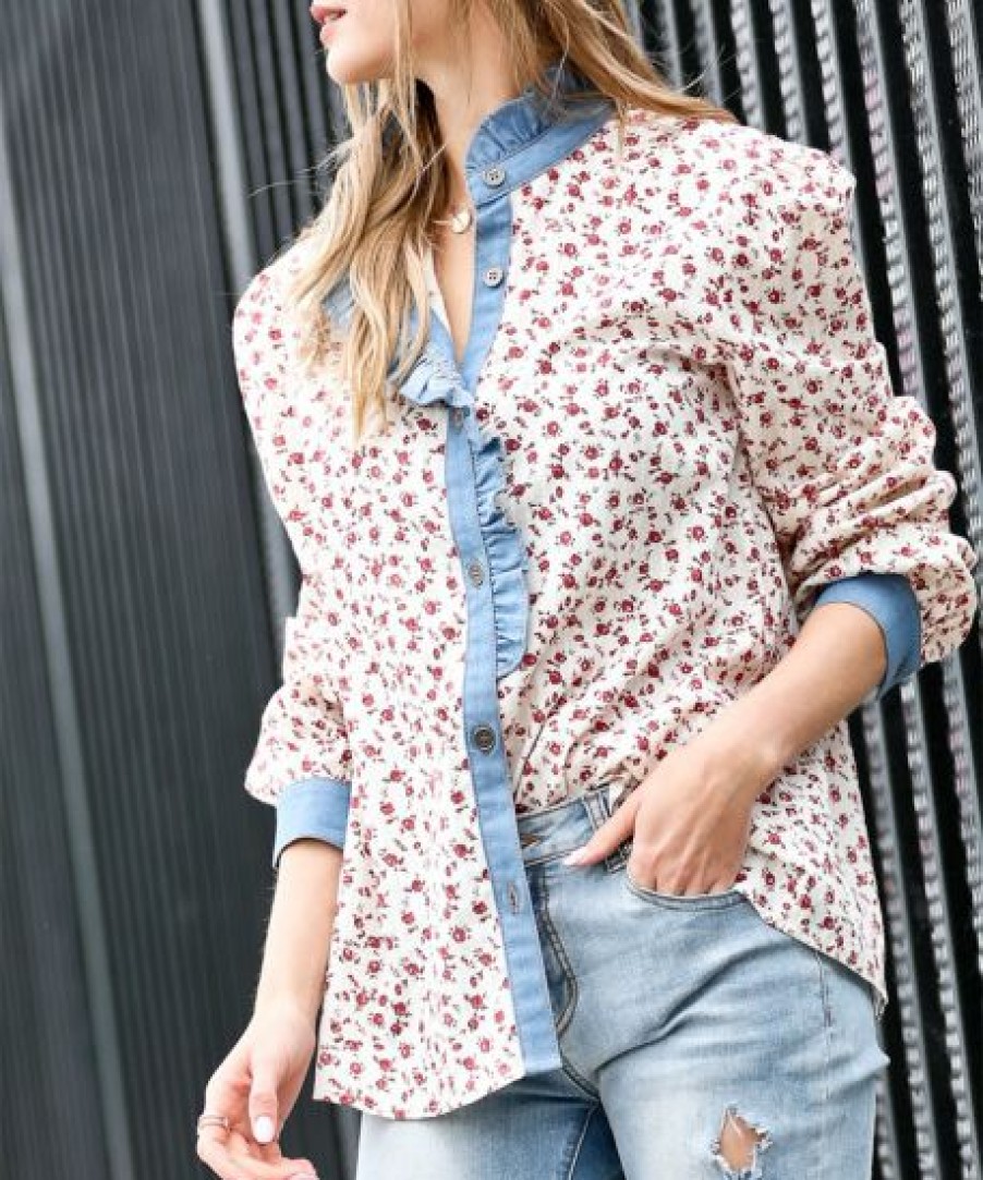 Other * | Wholesale 42Pops Ivory Floral Denim Ruffle-Trim Button-Up Women