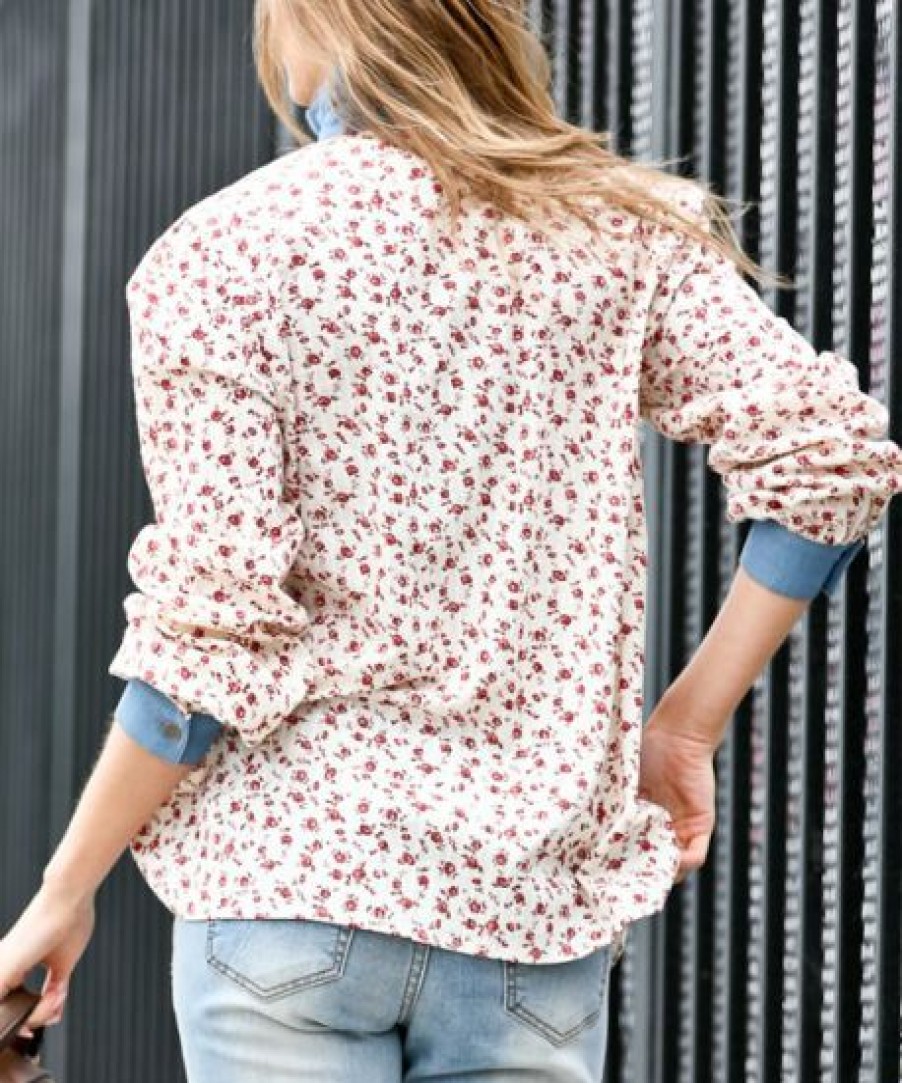 Other * | Wholesale 42Pops Ivory Floral Denim Ruffle-Trim Button-Up Women