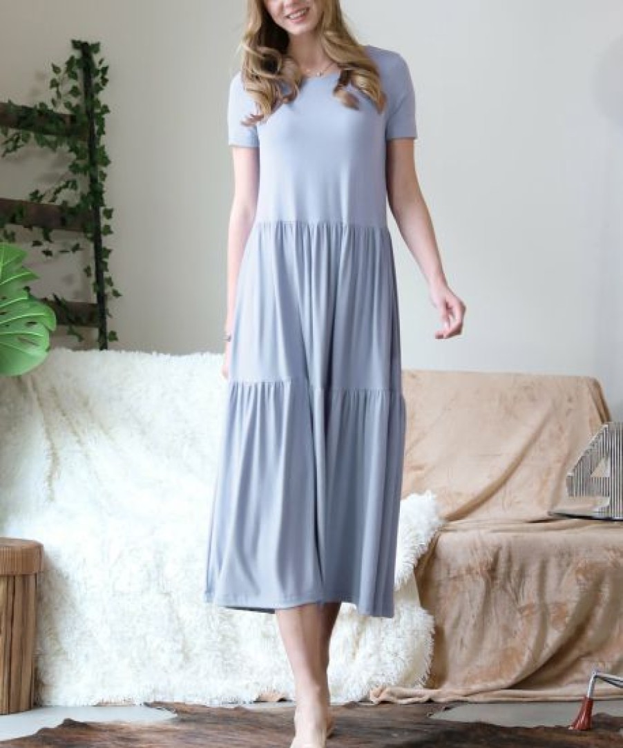 Women * | Brand New 42Pops Ash Blue Tiered Short-Sleeve Midi Dress Women