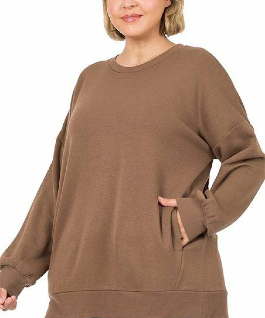 Women * | Budget 42Pops Mocha Crewneck Long-Sleeve Pocket Sweatshirt Plus