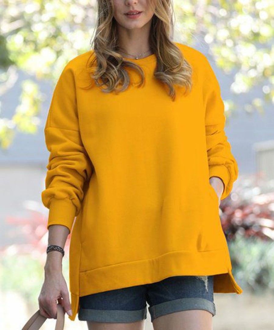 Women * | New 42Pops Golden Mustard Crewneck Long-Sleeve Hi-Low Pocket Sweatshirt Women