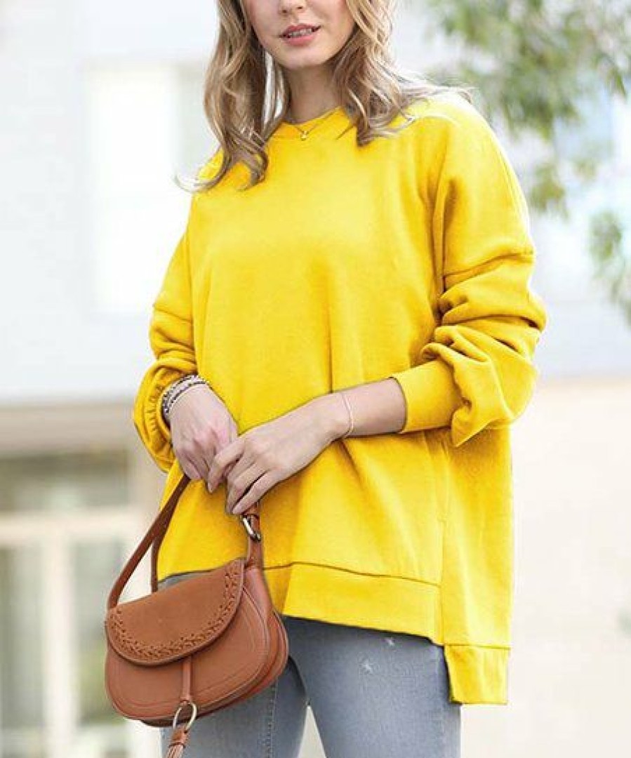 Women * | Outlet 42Pops Yellow Crewneck Long-Sleeve Hi-Low Pocket Sweatshirt Women