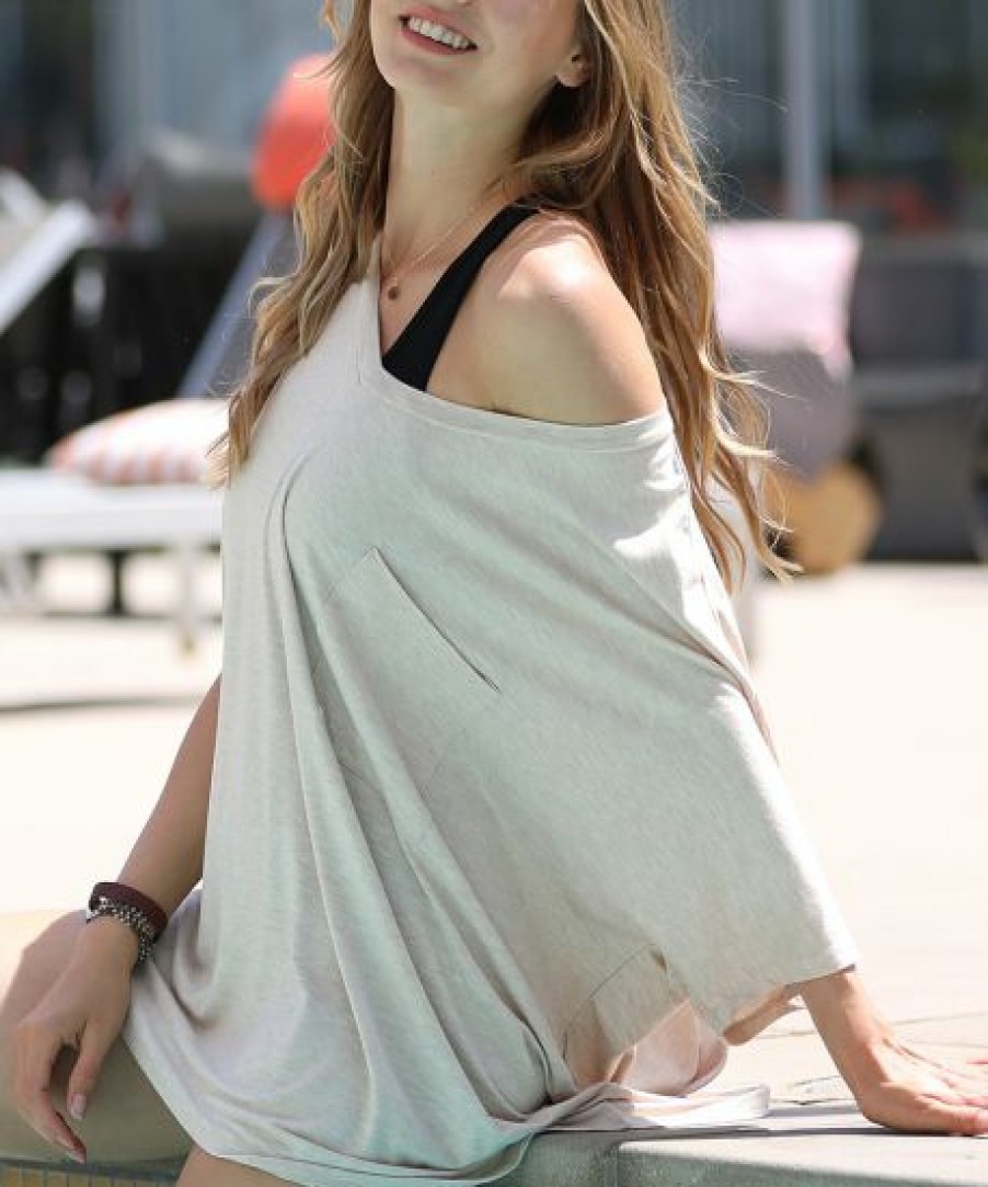 Women * | Top 10 42Pops Heather Beige V-Neck Pocket Oversize Boyfriend Tee Women